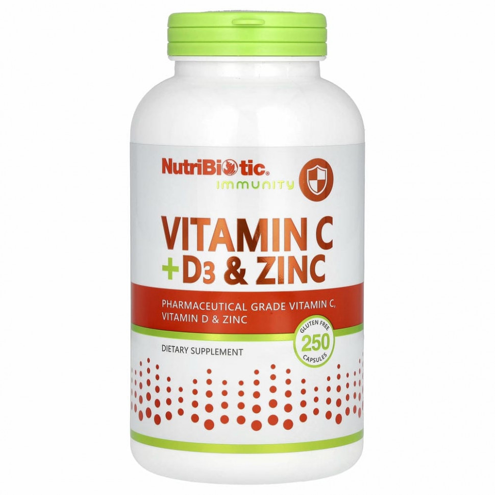 NutriBiotic, Immunity, витамины C + D3 и цинк, 250 капсул
